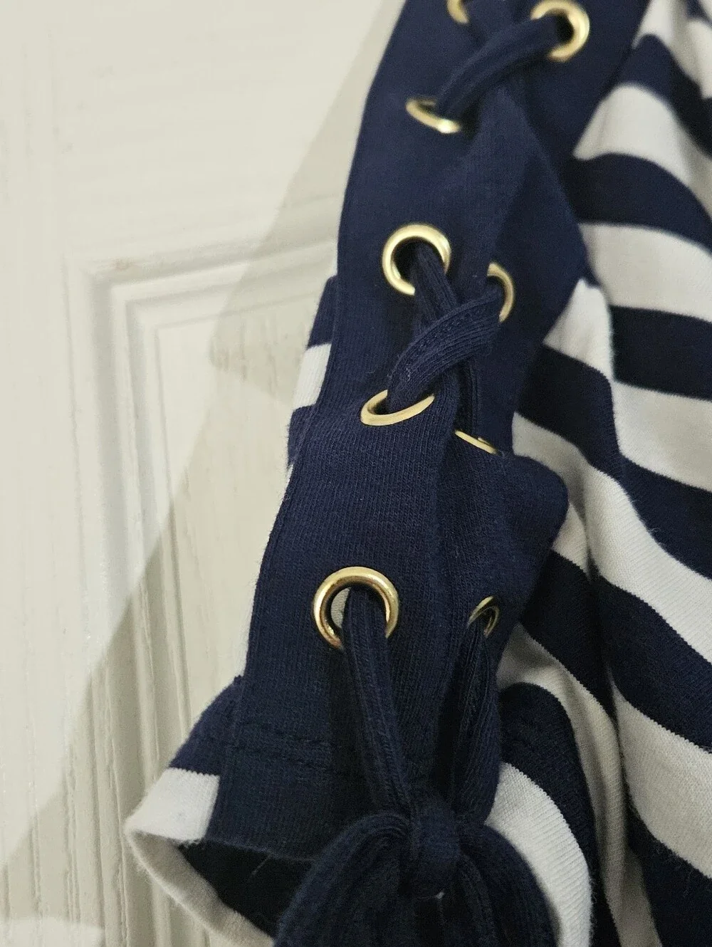 Michael Kors Striped Navy and White Lace-Up Sleeve Dress